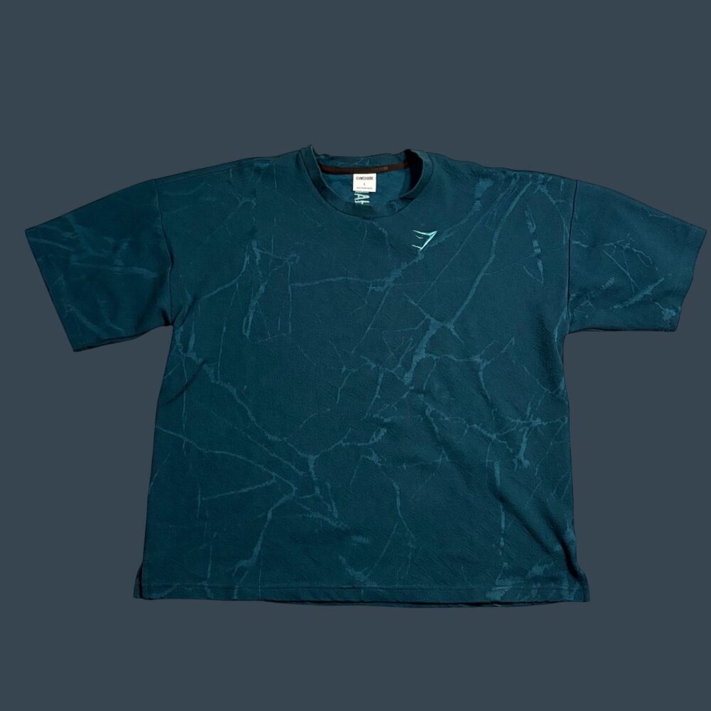 Gymshark Mens Marble Pattern Oversized Fit T-Shirt L Teal Blue Cotton Blend